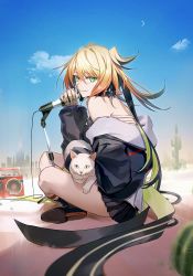 Rule 34 | 1girl, absurdres, black footwear, black jacket, black skirt, boombox, boots, building, cactus, cat, cityscape, closed mouth, cloud, crescent moon, desert, green eyes, hat, highres, holding, holding microphone, hoshi rasuku, indian style, jacket, long hair, long sleeves, looking at viewer, looking to the side, melissa kinrenka, microphone, microphone stand, mini hat, mini top hat, moon, multicolored hair, nijisanji, off shoulder, outdoors, sitting, skirt, smile, solo, top hat, virtual youtuber