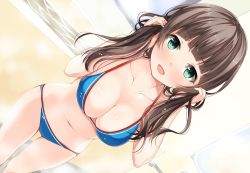Rule 34 | 1girl, :d, bathroom, bathtub, bikini, blue bikini, blunt bangs, blush, breasts, brown hair, cleavage, collarbone, dutch angle, foreshortening, green eyes, highres, holding, holding hair, indoors, looking at viewer, medium breasts, navel, open mouth, smile, solo, steam, swimsuit, twintails, unasaka ryou, wet, wet hair