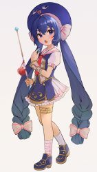 Rule 34 | 1girl, :o, arm warmers, asymmetrical legwear, blue eyes, blue footwear, blue hair, blue hat, blue vest, blush, bow, braid, eel hat, fang, full body, hair bow, hand up, hashtag-only commentary, hat, highres, holding, holding whistle, long hair, looking at viewer, low-braided long hair, low-tied long hair, miniskirt, mismatched legwear, mismatched socks, necktie, otomachi una, otomachi una (sugar), pleated skirt, print socks, puffy short sleeves, puffy sleeves, red necktie, shoes, short sleeves, sidelocks, simple background, skin fang, skirt, socks, solo, tananuki, thighlet, twin braids, twintails, twitter username, very long hair, vest, vocaloid, whistle, whistle around neck, white background, white socks