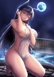 Rule 34 | 1girl, animal ears, atago (azur lane), azur lane, black hair, blush, breasts, brown eyes, covering privates, full moon, kneeling, large breasts, long hair, looking at viewer, mole, mole under eye, moon, naked towel, night, night sky, nude, nude cover, onsen, open mouth, outdoors, saboten teishoku, sky, smile, solo, towel, wet