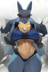 Rule 34 | 1girl, animal ears, blue fur, body fur, breasts, brown fur, closed mouth, commentary, commission, creatures (company), english commentary, fur, furry, furry female, game freak, gen 4 pokemon, hand on own hip, highres, large breasts, looking at viewer, lucario, navel, nintendo, pokemon, red eyes, smile, solo, tail, thick thighs, thighs, underboob, woobin94