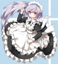 Rule 34 | 1girl, alternate costume, bow, bowtie, commentary request, feathered wings, grey hair, grey wings, highres, kishin sagume, long sleeves, looking at viewer, maid, maid headdress, medium hair, open mouth, pink eyes, ruu (tksymkw), single wing, solo, touhou, white bow, white bowtie, wings