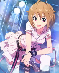 Rule 34 | 10s, 1girl, :d, ahoge, belt, brown hair, ibuki tsubasa, idolmaster, idolmaster million live!, looking at viewer, messy hair, official art, open mouth, pink eyes, shirt, signature, skirt, smile, stage lights, thighhighs, torn clothes, torn legwear, torn shirt, wristband