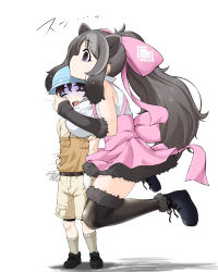 Rule 34 | 1boy, 1girl, angakoq, animal ears, back bow, bare shoulders, bear ears, bergman&#039;s bear (kemono friends), black hair, blush, bow, bracelet, breast smother, breasts, brown hair, captain (kemono friends), center frills, closed mouth, commentary request, empty eyes, extra ears, face to breasts, frills, full body, fur-trimmed skirt, fur bracelet, fur trim, gloves, grey hair, hair bow, height difference, high ponytail, highres, hug, huge bow, jewelry, kemono friends, kemono friends 3, large breasts, long hair, motion lines, multicolored hair, open mouth, serious, shirt, shoes, shorts, sidelocks, skirt, sleeveless, sleeveless shirt, smile, socks, standing, sweat, thighhighs, turn pale, very long hair, zettai ryouiki
