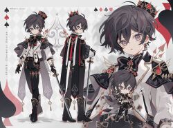 Rule 34 | 1boy, black bow, black cape, black footwear, black hair, black pants, bow, cape, character sheet, crown, earrings, formal, grey background, grey eyes, holding, holding sword, holding weapon, jacket, jewelry, long sleeves, male focus, mini crown, multicolored background, multicolored hair, namiki itsuki, open mouth, original, pants, red hair, shirt, short hair, solo, spade (shape), sword, weapon, white background, white jacket, white shirt