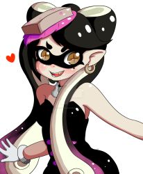 Rule 34 | + +, 1girl, :d, armpit peek, bare shoulders, black hair, breasts, brown eyes, callie (splatoon), choker, dress, earrings, fangs, food, food on head, gloves, gradient hair, grey background, hair ornament, heart, highres, hoop earrings, jewelry, jumpsuit, long hair, looking at viewer, lunaticlann, mask, mole, mole under eye, multicolored hair, nintendo, object on head, open mouth, outstretched arms, pointy ears, sharp teeth, short eyebrows, smile, solo, strapless, strapless dress, sushi, teeth, thick eyebrows, transparent background, upper body, very long hair, white gloves