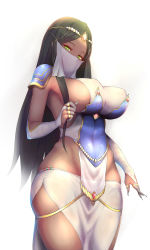 Rule 34 | 1girl, black hair, breasts, caster of the nocturnal castle, covered erect nipples, cowboy shot, dark-skinned female, dark skin, fate/grand order, fate (series), green eyes, highres, jewelry, large breasts, long hair, looking at viewer, mask, mouth veil, nikuku (kazedesune), pelvic curtain, scheherazade (fate), side slit, tiara, veil, white background