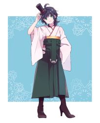 Rule 34 | 1girl, ahoge, anchor, bad id, bad twitter id, black hair, blush, boots, closed mouth, cross-laced footwear, full body, furisode, green eyes, green hakama, hakama, hakama skirt, hat, holding, holding clothes, holding hat, japanese clothes, kantai collection, kimono, knee boots, lace-up boots, looking at viewer, matsukaze (kancolle), meiji schoolgirl uniform, mini hat, mini top hat, shakemi (sake mgmgmg), short hair, simple background, skirt, smile, solo, standing, top hat, wavy hair