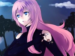 Rule 34 | bare shoulders, blue eyes, bodysuit, breasts, cloud, fingerless gloves, gloves, kanaranshi, charm (object), large breasts, long hair, megurine luka, meiko (vocaloid), night, pink hair, solo, sparkle, tree, vocaloid