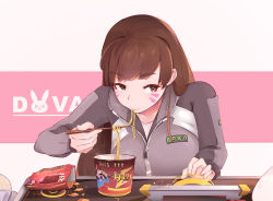 Rule 34 | 1girl, brown eyes, brown hair, character name, chips (food), chopsticks, closed mouth, clothes writing, collarbone, commentary, crumbs, cup ramen, d.va (overwatch), eating, eyebrows, eyelashes, facial mark, food, food in mouth, grey jacket, hair down, hand up, high collar, holding, holding chopsticks, jacket, logo, long hair, long sleeves, meka (overwatch), noodles, overwatch, overwatch 1, partially unzipped, potato chips, ramen, shirt, shooting star d.va, sitting, solo, star-kiss, swept bangs, two-tone background, whisker markings, white shirt, zipper, zipper pull tab