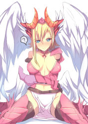 Rule 34 | 1girl, ?, absurdres, arm behind back, asymmetrical hair, black gloves, black thighhighs, blonde hair, blue eyes, breasts, cleavage, detached collar, diamond (shape), dragon girl, dragon horns, feathered wings, gloves, head wings, highres, horns, kneeling, lao meng, large breasts, long hair, looking at viewer, low wings, midriff, minerva (p&amp;d), multiple wings, navel, no panties, pelvic curtain, puzzle &amp; dragons, side slit, solo, speech bubble, spoken question mark, thighhighs, white wings, wings