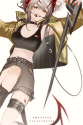 Rule 34 | 1girl, ambience synesthesia, antennae, arknights, belt, black footwear, black shirt, black shorts, blurry, blurry foreground, boots, breasts, cleavage, dutch angle, gold jacket, grey hair, highres, jacket, looking at viewer, medium hair, microphone, microphone stand, midriff, nail polish, official alternate costume, open clothes, open jacket, orange eyes, plectrum, red nails, shirt, shorts, simple background, solo, sports bra, studded belt, studded choker, thigh strap, ting (machi nakahara), w (arknights), w (cannot wait for) (arknights), white background