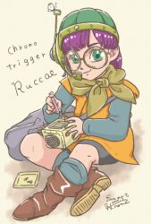 Rule 34 | 1girl, bike shorts, chrono trigger, closed mouth, dated, full body, glasses, hayashiromi, helmet, highres, looking at viewer, lucca ashtear, purple hair, scarf, short hair, signature, simple background, smile, solo, white background