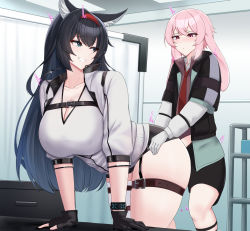 Rule 34 | 1boy, 1girl, absurdres, animal ears, ansel (arknights), arknights, bent over, black gloves, black hair, black shorts, blaze (arknights), blue eyes, blush, breasts, cleavage, clothed sex, commentary, crossed bangs, doggystyle, english commentary, fingerless gloves, gloves, hairband, hetero, highres, indoors, kanta (kanta 077), large breasts, long sleeves, looking back, necktie, parted lips, pink hair, red hairband, red necktie, sex, sex from behind, shirt, shorts, single thighhigh, smile, standing, standing sex, thigh strap, thighhighs, thighs, trap, trap on female, white gloves, white shirt, white thighhighs