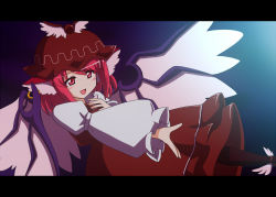 Rule 34 | 1girl, :d, animal ears, anime coloring, female focus, gradient background, hand on own chest, hat, kamelie, letterboxed, long sleeves, mystia lorelei, open mouth, outstretched hand, pink eyes, pink hair, puffy sleeves, short hair, smile, solo, touhou, wings