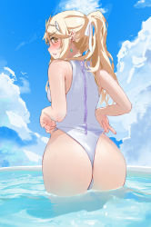 Rule 34 | 1girl, adjusting clothes, ass, bare shoulders, blonde hair, blue sky, blush, chest jewel, chinese commentary, cloud, cloudy sky, commentary request, cowboy shot, earrings, from behind, hair tie, hairband, headpiece, highres, jewelry, long hair, looking at viewer, mythra (xenoblade), nintendo, ocean, one-piece swimsuit, open mouth, ponytail, sky, sleeveless, solo, standing, swept bangs, swimsuit, teeth, tiara, tsundere, user mnee2255, water, wedgie, white hairband, white one-piece swimsuit, xenoblade chronicles (series), xenoblade chronicles 2, yellow eyes, zipper
