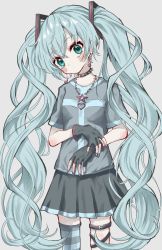 Rule 34 | 1girl, absurdres, blue hair, blush, choker, closed mouth, collar, crossed arms, ear piercing, earrings, expressionless, gloves, green eyes, hair ornament, half gloves, hatsune miku, highres, jewelry, kayon (touzoku), leg strap, long hair, looking at viewer, miniskirt, nail polish, necklace, piercing, pleated skirt, print shirt, shirt, skirt, solo, spiked collar, spikes, striped clothes, striped thighhighs, t-shirt, thigh strap, thighhighs, twintails, very long hair, vocaloid, zettai ryouiki