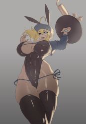 Rule 34 | 1girl, animal ears, artoria pendragon (fate), black thighhighs, blonde hair, blue eyes, breasts, cleavage, curvy, eu03, fate/grand order, fate (series), grey background, hat, large breasts, leotard, long hair, looking at viewer, mysterious heroine x (fate), mysterious heroine xx (fate), open mouth, rabbit ears, rabbit girl, solo, thighhighs, thighs, tray, unfinished, wide hips