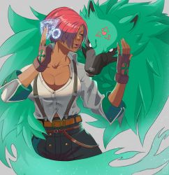 Rule 34 | 1girl, 1other, belt, black pants, breasts, brown gloves, cleavage, cross, dark-skinned female, dark skin, facial mark, farronhart, fingerless gloves, forehead mark, giovanna (guilty gear), gloves, green eyes, green fur, guilty gear, guilty gear strive, hair over one eye, headset, high-waist pants, highres, holographic interface, holographic touchscreen, large breasts, lips, multiple belts, pants, partially unbuttoned, plunging neckline, police badge, puckered lips, red hair, rei (guilty gear), short hair, snout, suspenders, talking on phone, wolf