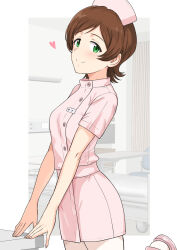 Rule 34 | 1girl, bed, blush, breasts, brown hair, ceiling, chair, character name, closed mouth, cowboy shot, curtains, dress, green eyes, hat, heart, highres, hospital, hospital bed, idolmaster, idolmaster million live!, idolmaster million live! theater days, indoors, kinoshita hinata, leg up, looking at viewer, monitor, name tag, nurse, nurse cap, outside border, pink dress, pink footwear, pink hat, sandals, short hair, short sleeves, small breasts, smile, solo, standing, standing on one leg, table, tsurui