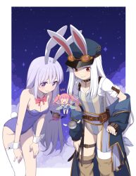 Rule 34 | 3girls, animal ears, artist request, belt, blue coat, border, bow, bowtie, breasts, brown belt, choker, cleavage, coat, covered navel, detached collar, erina (rabi-ribi), fairy, fairy wings, grey hair, happy, hat, leotard, long hair, long sleeves, medium breasts, mini person, minigirl, multiple girls, off-shoulder coat, off shoulder, official art, police hat, pouch, purple eyes, purple hair, purple leotard, rabbit ears, rabi-ribi, red bow, red bowtie, ribbon (rabi-ribi), single thighhigh, small breasts, smile, striped clothes, striped leotard, tevi, tevi (tevi), thighhighs, upper body, white border, white thighhighs, white wrist cuffs, wings, wrist cuffs