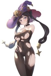 Rule 34 | 1girl, absurdres, arm under breasts, bare shoulders, black choker, black hair, blue eyes, blush, bodystocking, breast hold, breasts, choker, closed mouth, collarbone, covered navel, cowboy shot, crescent, crescent hat ornament, embarrassed, frown, genshin impact, gluteal fold, hat, hat ornament, highres, large breasts, looking at viewer, mona (genshin impact), owaowa no mi, purple hat, simple background, solo, thigh gap, torn bodystocking, torn clothes, twintails, underboob, white background, witch hat