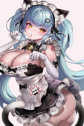 Rule 34 | 1girl, :o, animal ears, apron, ass, black dress, black ribbon, blue hair, blush, breasts, cat ears, cat tail, dress, elbow gloves, fake animal ears, fake tail, gloves, goddess of victory: nikke, hair ribbon, huyio, large breasts, light blue hair, long hair, maid, maid headdress, neck bell, official alternate costume, parted lips, paw hair ornament, paw pose, privaty (nikke), privaty (unkind maid) (nikke), ribbon, solo, sweat, tail, thighhighs, twintails, very long hair, white apron, white gloves, white thighhighs, yellow eyes