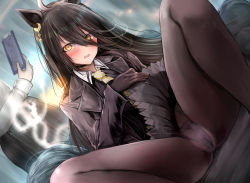 Rule 34 | 1girl, 1other, absurdres, ahoge, animal ears, bad id, bad pixiv id, black coat, black gloves, black panties, black pantyhose, black shirt, black skirt, blush, cameltoe, clipboard, clothes lift, coat, collared shirt, commentary request, dutch angle, earrings, feet out of frame, gloves, hair between eyes, highres, horse ears, horse girl, horse tail, jewelry, kokoa ninniku, long hair, long sleeves, looking at viewer, manhattan cafe (umamusume), open mouth, out of frame, panties, panties under pantyhose, pantyhose, pleated skirt, shirt, single earring, sitting, skirt, skirt lift, spread legs, tail, umamusume, underwear, yellow eyes