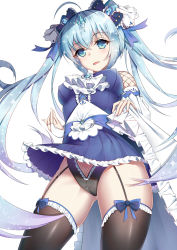 Rule 34 | 1girl, absurdres, ahoge, bridal gauntlets, cowboy shot, garter straps, hatsune miku, highres, long hair, looking at viewer, skirt, solo, thighhighs, twintails, very long hair, vocaloid, white background, yiyu qing mang