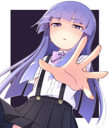 Rule 34 | 1girl, arm behind back, black skirt, blunt bangs, border, bow, bowtie, collared shirt, commentary, dot nose, dutch angle, furude rika, highres, higurashi no naku koro ni, long hair, looking at viewer, outside border, outstretched hand, parted lips, pleated skirt, pontasu, purple background, purple bow, purple bowtie, purple eyes, purple hair, reaching, reaching towards viewer, school uniform, shirt, shirt tucked in, short sleeves, simple background, skirt, solo, standing, suspender skirt, suspenders, white border, white shirt