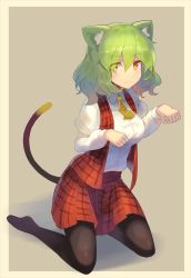 Rule 34 | 1girl, alternate eye color, animal ears, ascot, beige background, beige border, black pantyhose, blush, breasts, cat ears, cat tail, commentary request, eyes visible through hair, falken (yutozin), full body, green hair, hair between eyes, highres, juliet sleeves, kazami yuuka, kemonomimi mode, kneeling, long sleeves, looking at viewer, medium breasts, no shoes, one-hour drawing challenge, orange eyes, pantyhose, paw pose, plaid, plaid skirt, plaid vest, puffy sleeves, red skirt, red vest, shadow, shirt, short hair, simple background, sitting, skirt, solo, tail, thighs, touhou, vest, white shirt, wing collar, yellow ascot