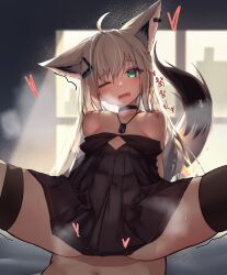 Rule 34 | 1boy, 1girl, absurdres, ahoge, animal ears, aqua eyes, backlighting, black choker, black thighhighs, braid, breasts, breasts apart, breath, choker, commentary request, dog tags, earrings, fox ears, fox girl, hair ornament, hairclip, heart, highres, hololive, implied sex, inaba teitoku, jewelry, leaning back, legs apart, light particles, looking at viewer, medium breasts, nipples, one eye closed, open mouth, pov, shirakami fubuki, single braid, single earring, single thighhigh, sitting, sitting on person, steaming body, sweat, tail, thigh strap, thighhighs, trembling, virtual youtuber, wavy mouth, white hair