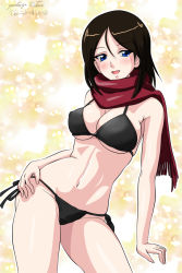Rule 34 | 1girl, arm support, artist name, bikini, black bikini, black hair, blue eyes, blush, breasts, cleavage, commentary, cowboy shot, dated, fringe trim, girls und panzer, hand on own hip, large breasts, leaning to the side, long hair, looking at viewer, matsui yasutsugu, navel, nonna (girls und panzer), one-hour drawing challenge, open mouth, red scarf, scarf, side-tie bikini bottom, signature, smile, solo, standing, string bikini, swept bangs, swimsuit, yellow background