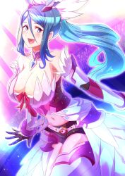 Rule 34 | 1girl, absurdres, armpits, bare shoulders, belt, blue eyes, blue hair, boots, breasts, cleavage, fire emblem, gloves, hair between eyes, highres, large breasts, long hair, midriff, midriff peek, navel, nintendo, open mouth, oribe tsubasa, ponytail, revision, shorts, smile, solo, thigh boots, to (tototo tk), tokyo mirage sessions fe, very long hair