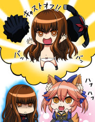 Rule 34 | 2girls, :3, :d, animal ear fluff, animal ears, aura, blue bow, blue kimono, bow, brown eyes, brown hair, chibi, drooling, fate/extra, fate/extra ccc, fate (series), female pervert, fox ears, fox girl, fox tail, frown, hair between eyes, hair bow, hand on own chin, isse, japanese clothes, kimono, kishinami hakuno (female), long hair, long sleeves, looking at another, looking up, multiple girls, obi, open mouth, panties, pervert, pink hair, riyo (lyomsnpmp) (style), sash, sidelocks, smile, split ponytail, tail, tamamo (fate), tamamo no mae (fate/extra), tsukumihara academy uniform (fate/extra ccc), underwear, wavy hair, white panties, wide sleeves, yellow eyes