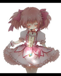 Rule 34 | 10s, 1girl, bad id, bad pixiv id, blush, bubble skirt, choker, closed eyes, gloves, kaname madoka, letterboxed, magical girl, mahou shoujo madoka magica, mahou shoujo madoka magica (anime), morinaga (ctct0), pink hair, puffy sleeves, short twintails, simple background, skirt, smile, solo, soul gem, twintails, white gloves