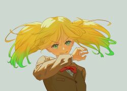Rule 34 | 1girl, absurdres, blazer, blonde hair, bow, bowtie, brown shirt, gradient hair, green eyes, green hair, hair between eyes, hand up, highres, jacket, kageki shoujo!!, long hair, multicolored hair, red bow, red bowtie, shirt, simple background, smile, twintails, upper body, watanabe sarasa, xiaoming (pixiv 19522187)