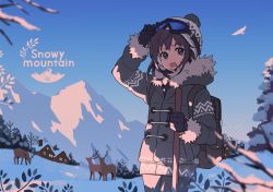 Rule 34 | 1girl, arisa (aren), beanie, bird, black gloves, cabin, coat, day, deer, fur-trimmed hood, fur-trimmed jacket, fur-trimmed sleeves, fur trim, gloves, goggles, goggles on head, grey coat, hand up, hat, hood, hood down, jacket, long sleeves, looking at viewer, medium hair, mountain, open mouth, original, outdoors, pom pom (clothes), ski goggles, smile, snow, solo, tree, turtleneck, upper body, white hat, winter, winter clothes