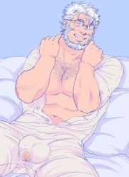 Rule 34 | 1boy, bara, beard, chest hair, covered penis, ded (housamo), facial hair, feet out of frame, flaccid, glasses, goshingo1, impossible clothes, looking at viewer, male focus, mature male, muscular, muscular male, naked costume, navel, old, old man, pectoral cleavage, pectorals, penis, short hair, smile, solo, spread legs, stomach, thick eyebrows, thick thighs, thighs, tokyo houkago summoners, white hair