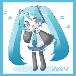 Rule 34 | 1girl, :o, aqua hair, aqua necktie, blush, border, character name, chibi, detached sleeves, hatsune miku, headphones, headset, long hair, lowres, microphone, music, musical note, nail polish, necktie, open mouth, quaver, shadow, shudou rima, simple background, singing, skirt, solo, standing, thighhighs, twintails, very long hair, vocaloid, white background, zettai ryouiki