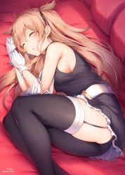 Rule 34 | 1girl, ahoge, ass, asymmetrical clothes, belt, black skirt, black thighhighs, breasts, closed eyes, frilled skirt, frills, garter straps, gloves, hair ornament, hairclip, highres, kantai collection, light brown hair, long hair, lying, medium breasts, murasame (kancolle), nyum, on bed, on side, pleated skirt, sideboob, single garter strap, single thighhigh, skirt, sleeping, solo, thighhighs, twitter username, two side up, very long hair, white belt, white gloves