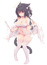 Rule 34 | 1girl, absurdres, angel wings, animal ears, warrior of light (ff14), babydoll, black hair, black wristband, blush, breasts, cat ears, cat girl, cat tail, choker, cleavage, collarbone, facial mark, fang, feet, final fantasy, final fantasy xiv, full body, fur trim, grey eyes, hair over shoulder, halo, hand up, highres, holding, holding wand, large breasts, long hair, looking at viewer, low wings, miqo&#039;te, navel, no shoes, open mouth, original, panties, see-through, side-tie panties, sidelocks, simple background, skin fang, solo, spaghetti strap, standing, strap slip, tail, thighhighs, thighs, toes, underwear, wand, whisker markings, white babydoll, white background, white choker, white panties, white thighhighs, wings, zhazhapao