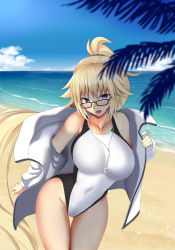 Rule 34 | 1girl, :o, absurdres, beach, bespectacled, black-framed eyewear, blonde hair, blue eyes, blush, breasts, competition swimsuit, covered navel, day, fate/grand order, fate (series), glasses, highres, jacket, jeanne d&#039;arc (fate), jeanne d&#039;arc (ruler) (fate), jeanne d&#039;arc (swimsuit archer) (fate), jeanne d&#039;arc (swimsuit archer) (second ascension) (fate), large breasts, long hair, looking at viewer, nemurinemuri, ocean, one-piece swimsuit, open clothes, open jacket, open mouth, palm tree, ponytail, rectangular eyewear, removing jacket, solo, swimsuit, swimsuit under clothes, track jacket, tree, very long hair, whistle, whistle around neck, white jacket, white one-piece swimsuit