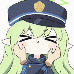 Rule 34 | &gt;o&lt;, 1girl, animated, animated gif, armband, blue archive, blue armband, blush stickers, chibi, closed eyes, disembodied hand, fang, green hair, green halo, halo, hands on another&#039;s cheeks, hands on another&#039;s face, hat, hikari (blue archive), jacket, long hair, no nose, pointy ears, sidelocks, skin fang, umihio, v-shaped eyebrows
