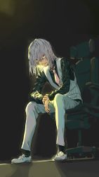 Rule 34 | accelerator (toaru majutsu no index), alternate costume, arms on knees, belt, black background, black legwear, black shirt, chair, commentary request, dress shirt, elbows on knees, eyes visible through hair, full body, haimura kiyotaka, highres, indoors, leaning forward, looking at viewer, male focus, medium hair, necktie, office chair, official art, on chair, pants, pink necktie, pinstripe pattern, pinstripe vest, red eyes, shadow, shirt, shoes, sitting, solo, striped clothes, striped vest, swivel chair, toaru majutsu no index, toaru majutsu no index: genesis testament, vertical-striped clothes, vertical-striped vest, vest, white footwear, white hair, white pants, wing collar