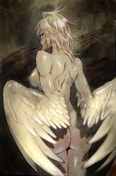 Rule 34 | 1girl, ass, back, breasts, feathered wings, female focus, from behind, harpy, huge ass, looking back, messy hair, momoiro manjiryuu, monster girl, nipples, nude, original, solo, winged arms, wings