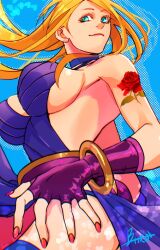 Rule 34 | 1girl, backless dress, backless outfit, belt, blonde hair, blue eyes, bracelet, breasts, burning isaka, choker, dress, fatal fury, fatal fury: city of the wolves, fingerless gloves, garou: mark of the wolves, gloves, highres, jenet behrn, jewelry, large breasts, long hair, nail polish, purple dress, side slit, sideboob, snk, solo, tattoo, the king of fighters