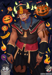 Rule 34 | 1boy, alternate costume, bara, brown hair, bulge, chinese clothes, covered abs, dark-skinned male, dark skin, facial hair, feather necklace, feet out of frame, fiery horns, forked eyebrows, ghost, glowing horns, goatee, gramfurs, halloween, halloween costume, horns, jack-o&#039;-lantern, jiangshi, male focus, muscular, muscular male, necklace, ofuda, pectorals, short hair, sleeveless, solo, thick eyebrows, thick thighs, thighs, tokyo houkago summoners, undead, vambraces, wakan tanka