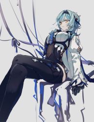 Rule 34 | 1girl, black gloves, black thighhighs, blouse, blue hair, breasts, clothing cutout, covered navel, eula (genshin impact), genshin impact, gloves, highres, leaning back, looking down, medium breasts, medium hair, nakaba (mode), shirt, shoulder cutout, sitting, solo, thighhighs, v-shaped eyebrows, white shirt, yellow eyes