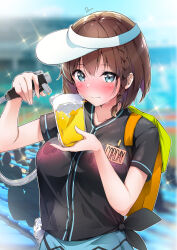 Rule 34 | 1girl, alcohol, backpack, bag, beer, beer mug, black shirt, blue eyes, blue skirt, blurry, blurry background, blush, braid, brown hair, charlotte corday (fate), closed mouth, cup, dermar, fate/grand order, fate (series), heart, highres, holding, holding cup, looking at object, mug, name tag, orange bag, people, shirt, short hair, side braid, signature, skirt, smile, solo focus, sparkle, stadium, tied shirt, visor cap